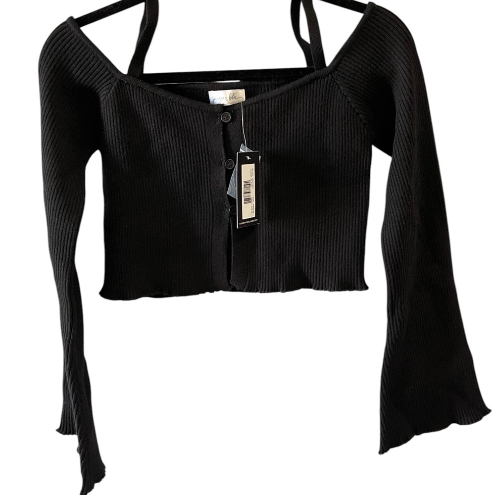 South moon under juniper‎ blu ribbed knit top long bell sleeves black boxEN